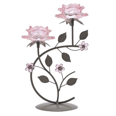 Pink Glass Two Roses On Base 31cm