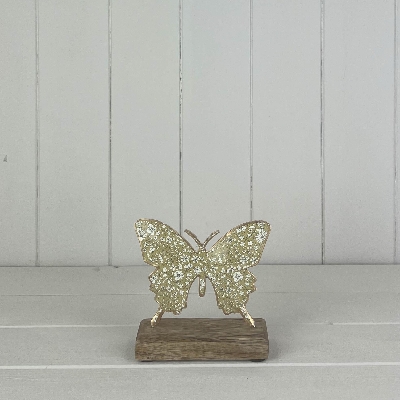 Green Butterfly On Wood Base 12cm